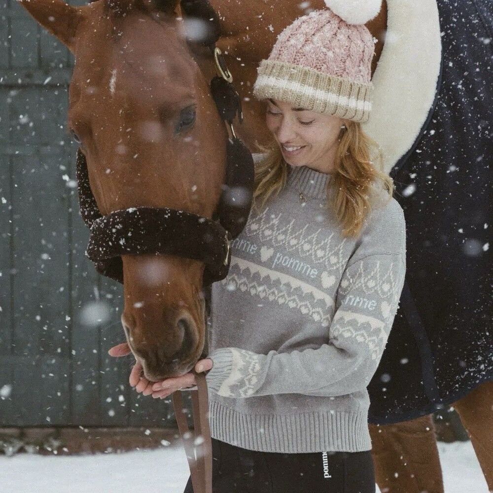 POMME Equestrian Kiara Knit Sweater Small Grey Fair Isle Holiday Mock PRISTINE